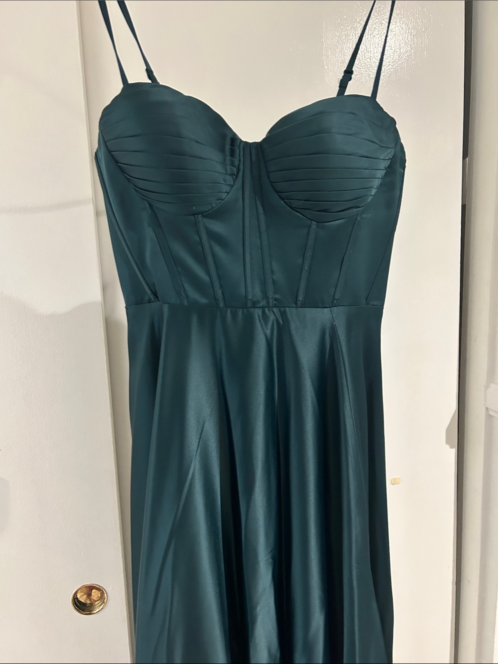 B Darlin Emerald Satin Strapless Formal Evening Gown